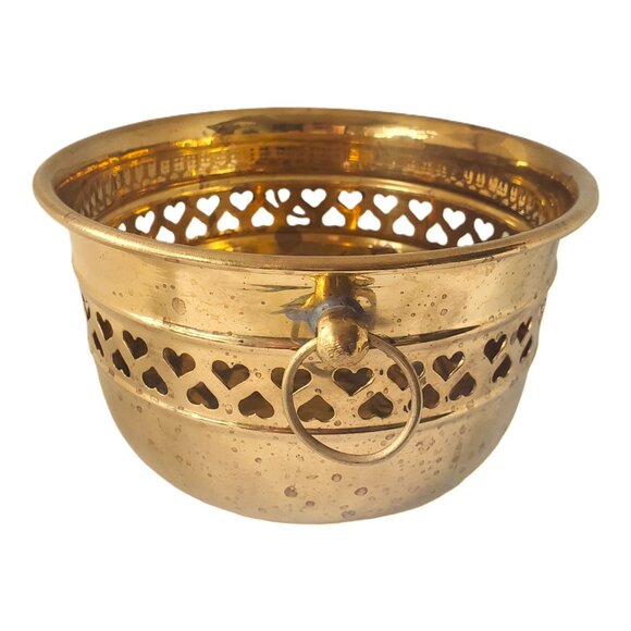 Vintage Solid Brass Planter Cache Pot Pierced Hearts Design 3.5”” H x 6” W - Picture 4 of 7